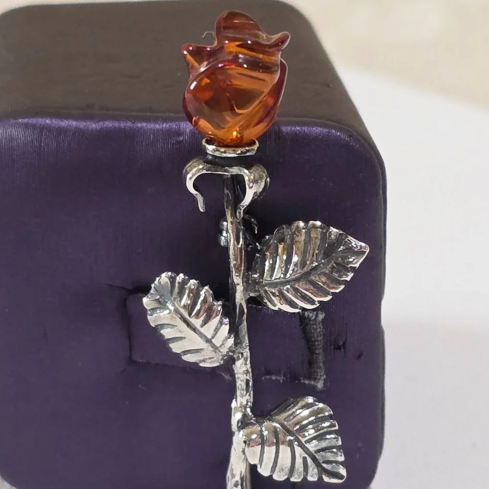 Vintage Carved Baltic Amber Rose Flower High Detail Sterling Silver Pin Brooch